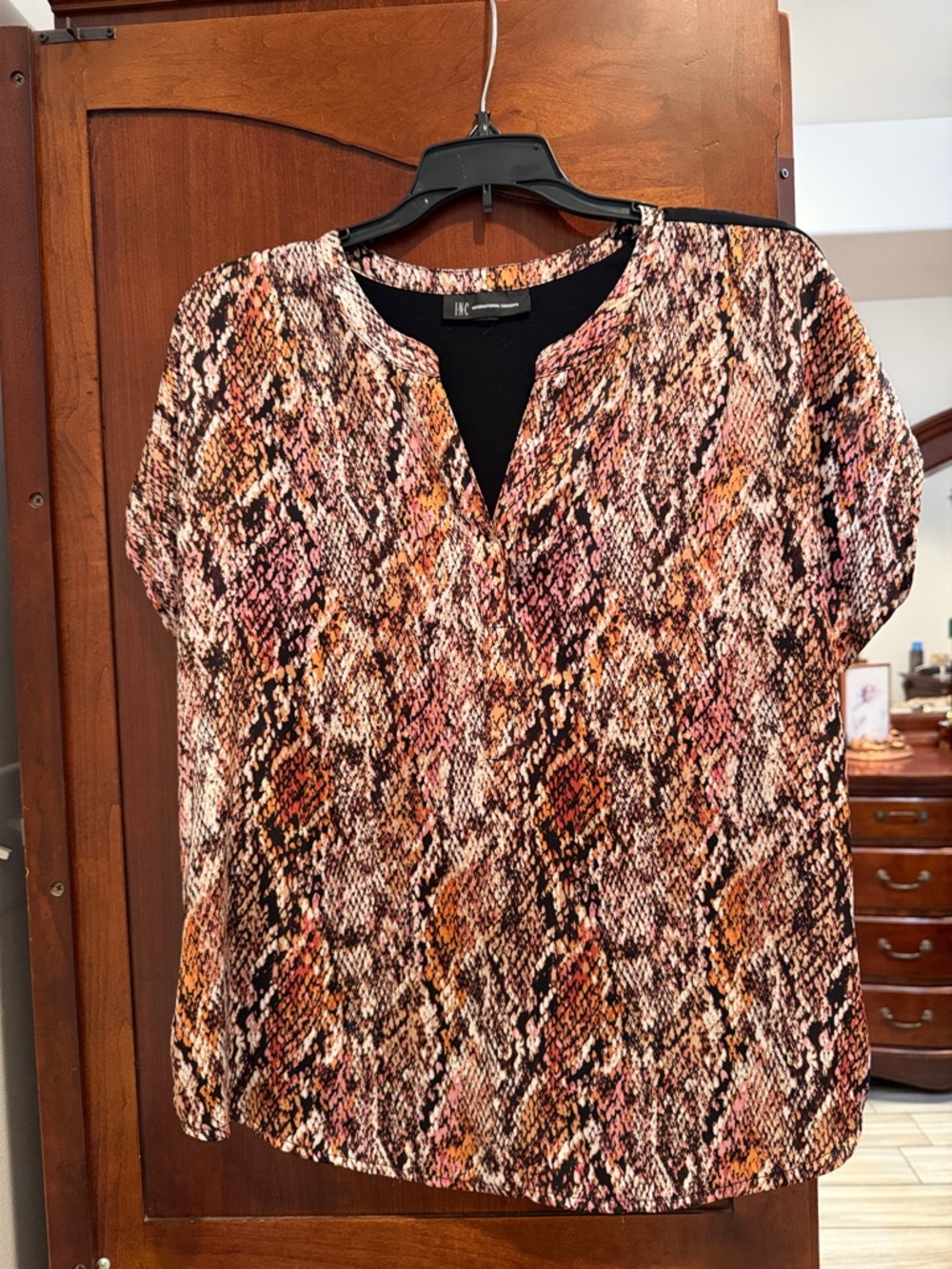 INC International Concepts Pink Multi Snake-Print Split V-Neck Blouse